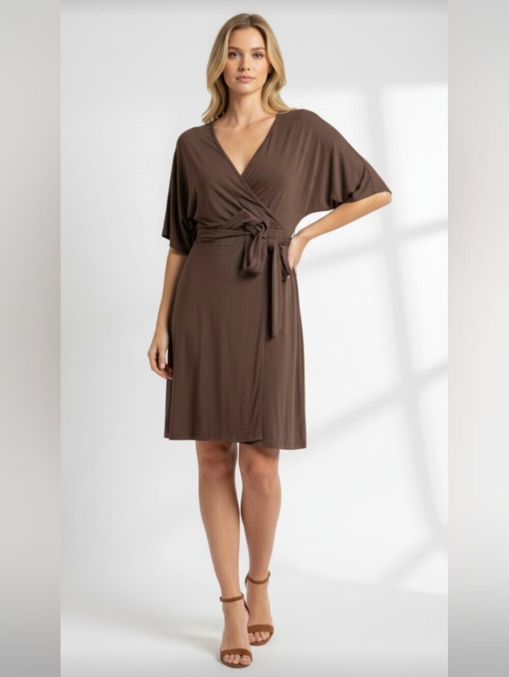 CHADWICKS! ESPRESSO BROWN KNIT JERSEY WRAPPED BELT, HALF SLV MIDI DRESS! SZ 14 - Picture 13 of 13